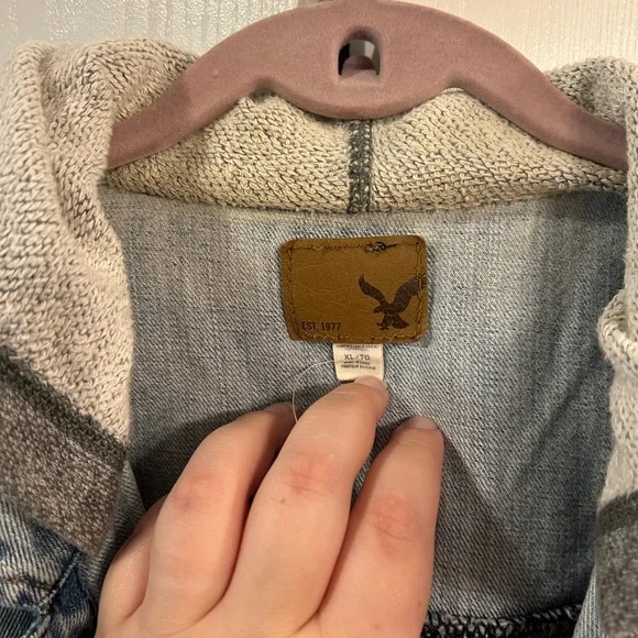 American Eagle Denim Jacket with Gray Sleeves - Picture 2 of 3